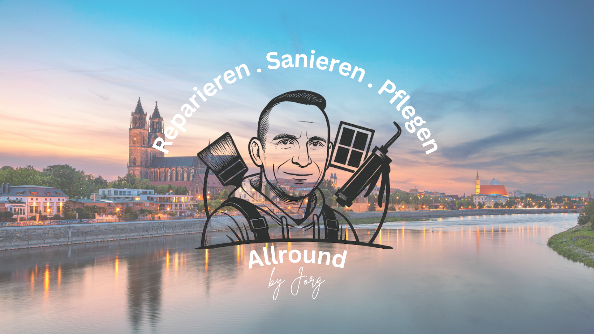 Jörg Quast als Comic-Zeichnung mit Allround Quast Branding und Magdeburg im Hintergrund